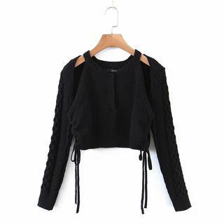 Mock Two-piece Cold-shoulder Drawstring Knit Top