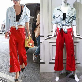 Denim Jacket / Embroidered Wide-leg Pants