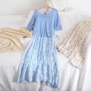 Set: Long-sleeve Knit Top + Spaghetti Strap Floral A-line Dress
