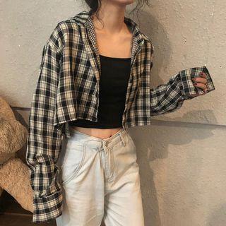 Long-sleeve Plaid Cropped Shirt Plaid - Black & White - One Size