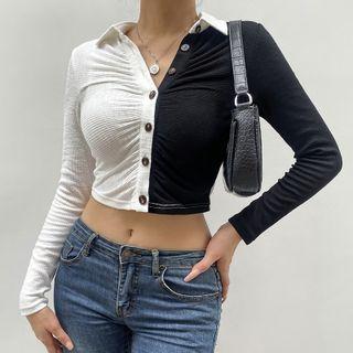 Long-sleeve Two-tone Crop Shirt