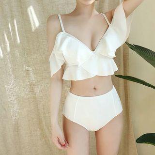 Set: Off-shoulder Ruffled Swim Top + High Waist Bikini Bottom