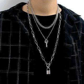 Set Of 3: Lock / Key Pendant Stainless Steel Necklace Set Of 3 - Silver - One Size