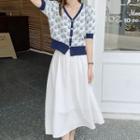 Puff-sleeve Print Button-up Top / Midi A-line Skirt / Set