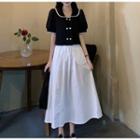 Puff-sleeve Contrast Trim Blouse / Plain Skirt