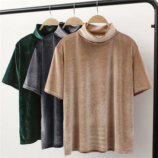 Short-sleeve Mock Neck Velvet Top