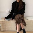 Leopard Print Midi Straight-fit Skirt / Distressed Sweater