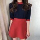 Contrast Trim Elbow-sleeve Knit Top / Mini Skirt