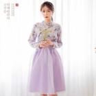 Modern Hanbok Set: Floral Top & Midi Skirt & Chiffon Skirt