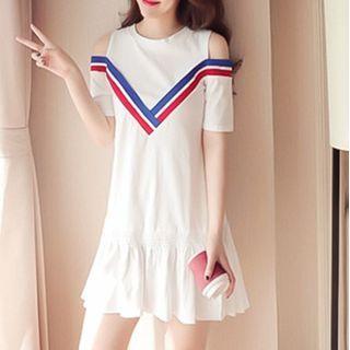 Contrast Stripe Cold-shoulder Ruffle Shift Dress
