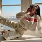 Letter-printed Sherpa-fleece Cropped Pullover