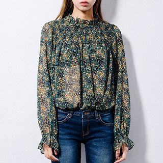 Smock-yoke Button-back Floral Chiffon Blouse