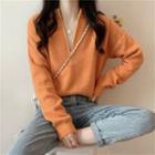 V-neck Plain Long-sleeve Top With Zip