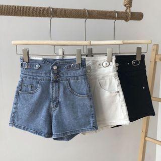 Asymmetrical High-waist A-line Denim Shorts