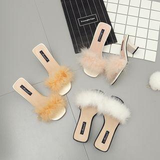 Furry Trim Chunky Heel Slide Sandals