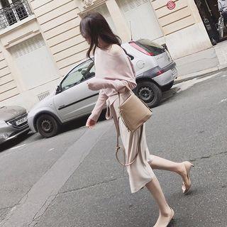 Set: Plain Long-sleeve Knit Top + Tie Waist Straight-fit Skirt