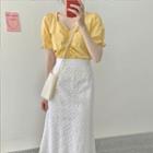 Set: Plain Short-sleeve Shirred Blouse + Floral Midi A-line Skirt