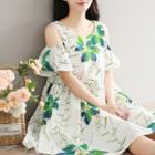 Cold-shoulder Leaf Print Mini Dress