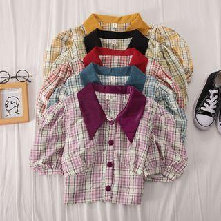 Puff-sleeve Plaid Buttoned Blouse