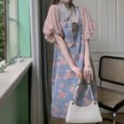 Puff-sleeve Collared Blouse / Floral Print Denim Overall Dress