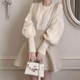 Balloon-sleeve Sweater / Gingham A-line Jumper Skirt