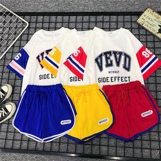 Set: Contrast Color Lettering Short-sleeve T-shirt + Piped Shorts