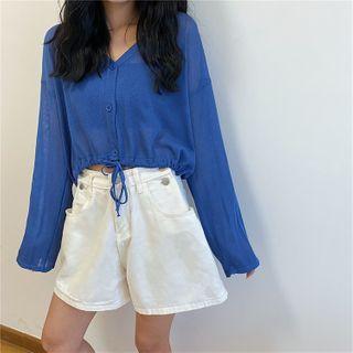 Drawstring Buttoned Long Sleeve T-shirt