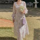Lantern-sleeve Floral Embroidered Maxi A-line Dress