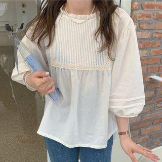 Ruffled-trim Pleated Panel 3/4-sleeve Top Almond - One Size