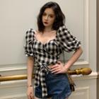 Square Neck Plaid Short-sleeve Top Gingham - Black & White - One Size