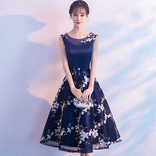 Embroidered Sleeveless Midi A-line Cocktail Dress