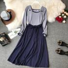 Knit Long-sleeve Tie-waist Midi A-line Dress