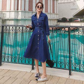 Contrast Stitching Long-sleeve Denim Midi Shirtdress