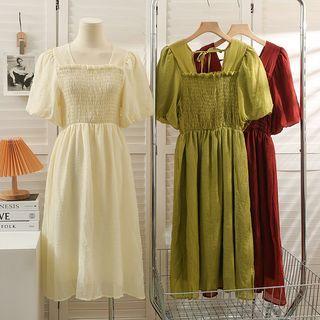 Square-neck Puff-sleeve Smocked Midi Dress