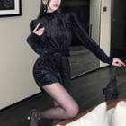 Details Stand-collar Velvet Playsuit With Sash Black - One Size