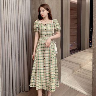 Square Neck Puff Sleeve Plaid A-line Dress