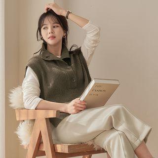 High-neck Button-trim Knit Vest