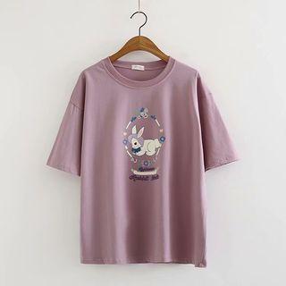 Short-sleeve Rabbit Print T-shirt Purple - One Size