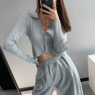 Asymmetric-hem Button-down Crop Knit Top