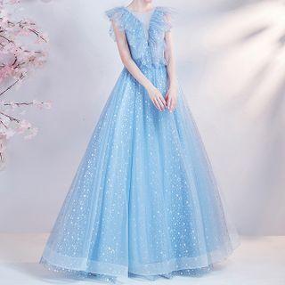 Sleeveless Star Print Ruffled A-line Evening Gown