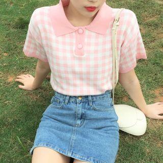 Plaid Elbow-sleeve Knit Polo Shirt