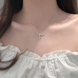 Heartbeat Rhinestone Pendant Sterling Silver Necklace 1pc - Silver - One Size