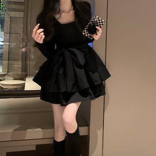 Long-sleeve Knit Panel Layered Mini A-line Dress Black - One Size