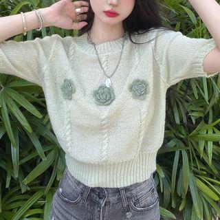 Flower Knit Cropped Top Green - One Size