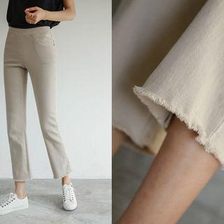 Band-waist Fray-hem Straight-cut Pants