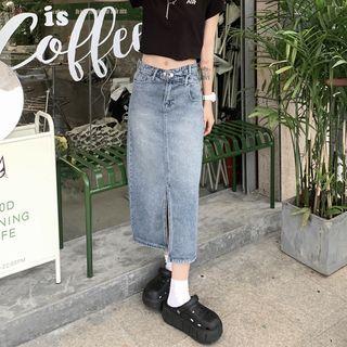 Low-rise Asymmetrical Slit Denim Midi Pencil Skirt