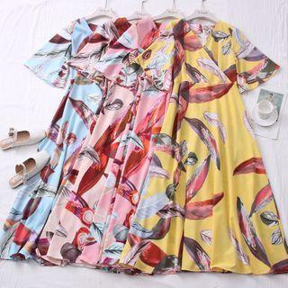 Leaf-print Short-sleeve Midi Dress