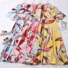 Leaf-print Short-sleeve Midi Dress