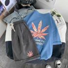 Leaf Print Short-sleeve T-shirt / Drawstring-waist Wide-leg Shorts / Set