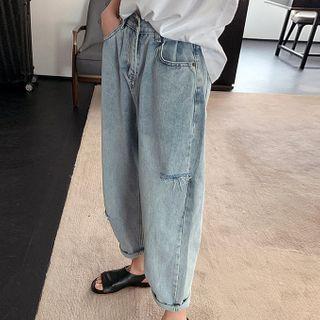 High-waist Washed Ripped Straight-cut Jeans